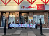 Staff and students at the Busy Bees Nursery in Cleadon celebrate their outstanding Ofsted judgement.