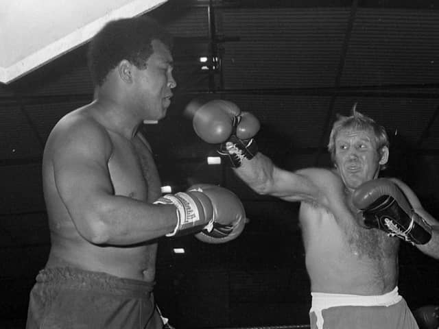 Former British Champion Richard Dunn takes on Ali in an exhibition match on Wearside in 1977.