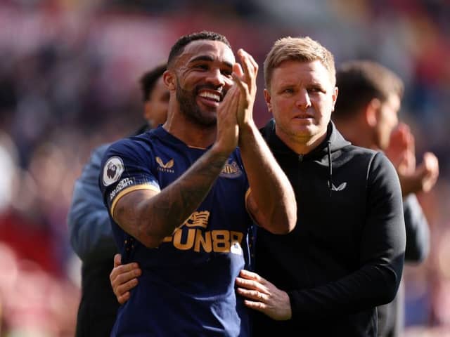 BRENTFORD, ENGLAND - APRIL 08: Callum Wilson celebrates alongside Eddie Howe, Manager of Newcastle United, after the team's victory in the Premier League match between Brentford FC and Newcastle United at Brentford Community Stadium on April 08, 2023 in Brentford, England. (Photo by Alex Pantling/Getty Images)