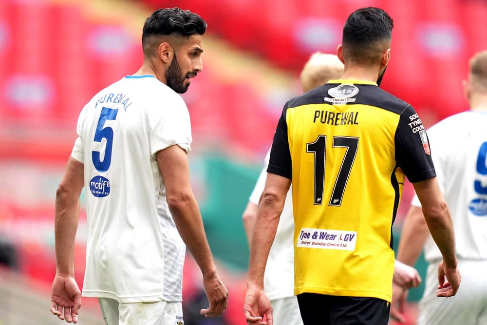 Consett's Arjun Purewal (left) and Hebburn Town's Amar Purewal during the Buildbase FA Vase 2019/20 Final at Wembley Stadium, London. PA pic.