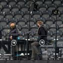 Joe Cole, Jermaine Jenas and Jake Humphrey are seen sitting in the BT Studios box (Photo by Owen Humphreys - Pool/Getty Images)