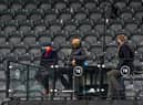 Joe Cole, Jermaine Jenas and Jake Humphrey are seen sitting in the BT Studios box (Photo by Owen Humphreys - Pool/Getty Images)