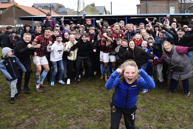 South Shields players and fans celebrating promotion (Photo credit: Kev Wilson)