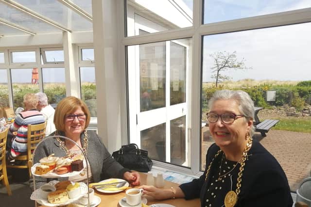 Mayor of South Tyneside Cllr Pat Hay and Mayoress Mrs Jean Copp enjoying afternoon tea at the Little Haven Hotel in South Shields.
