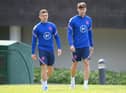 Kieran Trippier and John Stones of England look on during an England Training Session at St Georges Park on June 03, 2022 in Burton-upon-Trent, England. (Photo by Shaun Botterill/Getty Images)