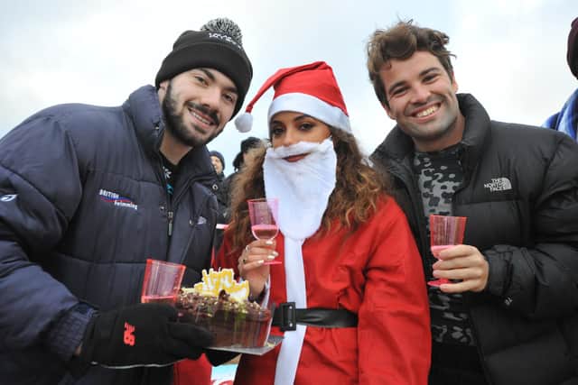 Jade Thirlwall has taken part in the Cancer Connections Boxing Day Dip for a number of years. Pictured with star Joe McElderry and retired British Paralympic swimmer Josef Craig.