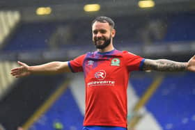 Adam Armstrong of Blackburn Rovers celebrates after he scores their second goal of the game during the Sky Bet Championship match between Coventry City and Blackburn Rovers at St Andrew's Trillion Trophy Stadium (Photo by Nathan Stirk/Getty Images)