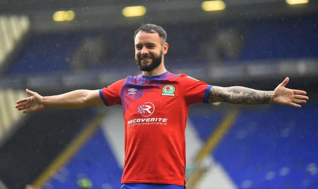 Adam Armstrong of Blackburn Rovers celebrates after he scores their second goal of the game during the Sky Bet Championship match between Coventry City and Blackburn Rovers at St Andrew's Trillion Trophy Stadium (Photo by Nathan Stirk/Getty Images)