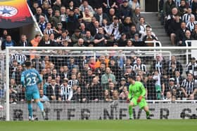 Spurs goalkeeper Hugo Lloris is beaten by a shot from Jacob Murphy (not pictured) for the 3rd goal during the Premier League match between Newcastle United and Tottenham Hotspur at St. James Park on April 22, 2023 in Newcastle upon Tyne, England. (Photo by Stu Forster/Getty Images)