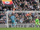 Spurs goalkeeper Hugo Lloris is beaten by a shot from Jacob Murphy (not pictured) for the 3rd goal during the Premier League match between Newcastle United and Tottenham Hotspur at St. James Park on April 22, 2023 in Newcastle upon Tyne, England. (Photo by Stu Forster/Getty Images)