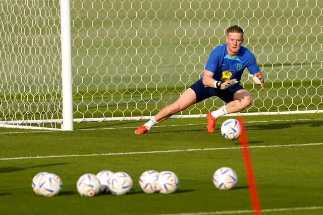 England goalkeeper Jordan Pickford during a training session at the Al Wakrah Sports Complex in Al Wakrah, Qatar. Picture by PA. Date: Wednesday December 7, 2022.