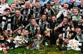 The Newcastle United squad following their historic Carabao Cup winning triumph over Liverpool.   (Photo by Stu Forster/Getty Images)