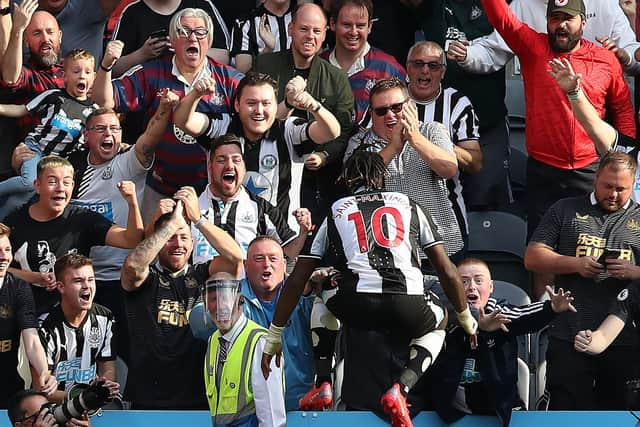 NEWCASTLE UPON TYNE, ENGLAND - AUGUST 28: Allan Saint-Maximin of Newcastle United scores his teams second goal during the Premier League match between Newcastle United  and  Southampton at St. James Park on August 28, 2021 in Newcastle upon Tyne, England. (Photo by Ian MacNicol/Getty Images)