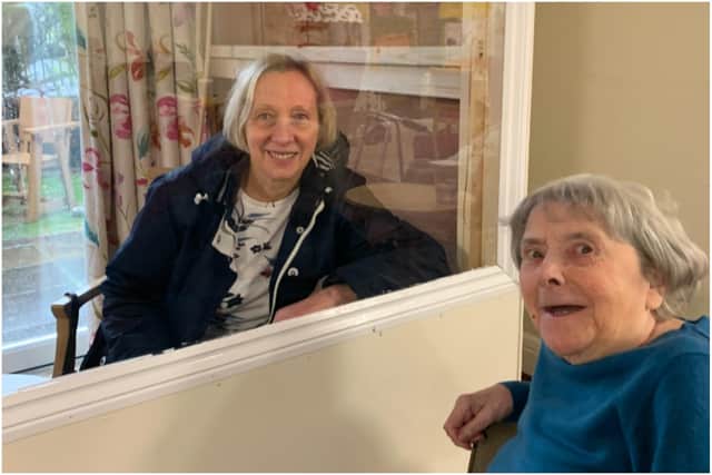 Resident Thelma Shepherd, 90, was one of the first to receive a visit using the booth from her niece, Ann Kelly.