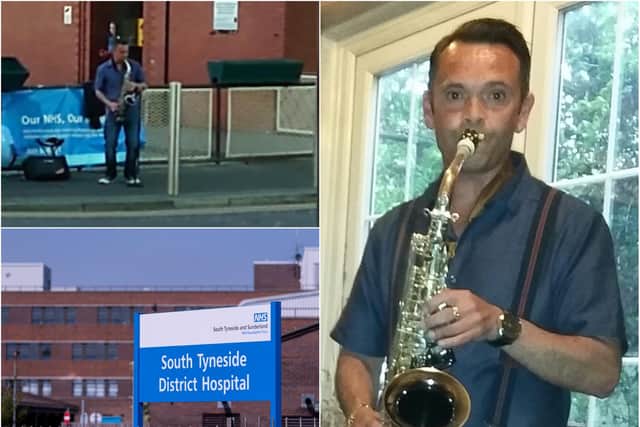 Talented Stevie Clifford who wowed everyone with his saxophone performance outside South Tyneside District Hospital.