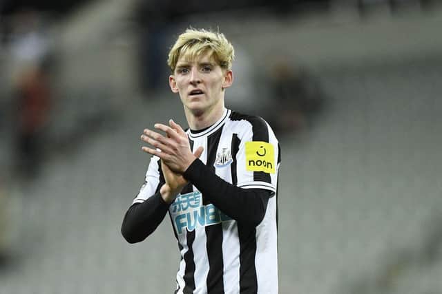 Newcastle United's English midfielder Anthony Gordon reacts at the end of the English Premier League football match between Newcastle United and West Ham United at St James' Park in Newcastle-upon-Tyne, north east England on February 4, 2023. (Photo by OLI SCARFF/AFP via Getty Images)