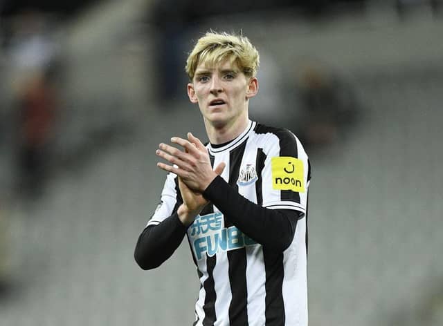 Newcastle United's English midfielder Anthony Gordon reacts at the end of the English Premier League football match between Newcastle United and West Ham United at St James' Park in Newcastle-upon-Tyne, north east England on February 4, 2023. (Photo by OLI SCARFF/AFP via Getty Images)