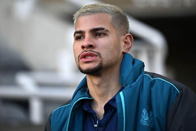Newcastle United's Brazilian midfielder Bruno Guimaraes arrives ahead of the English Premier League football match between Newcastle United and Fulham at St James' Park in Newcastle-upon-Tyne, north-east England on January 15, 2023. (Photo by OLI SCARFF/AFP via Getty Images)