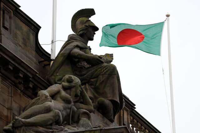 The flag of Bangladesh is flown above South Shields Hall, to mark the country's 50th anniversary Independence Day.
