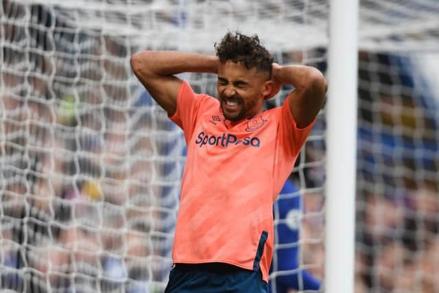 LONDON, ENGLAND - MARCH 08: Dominic Calvert-Lewin of Everton reacts after he misses a chance during the Premier League match between Chelsea FC and Everton FC at Stamford Bridge on March 08, 2020 in London, United Kingdom. (Photo by Mike Hewitt/Getty Images)