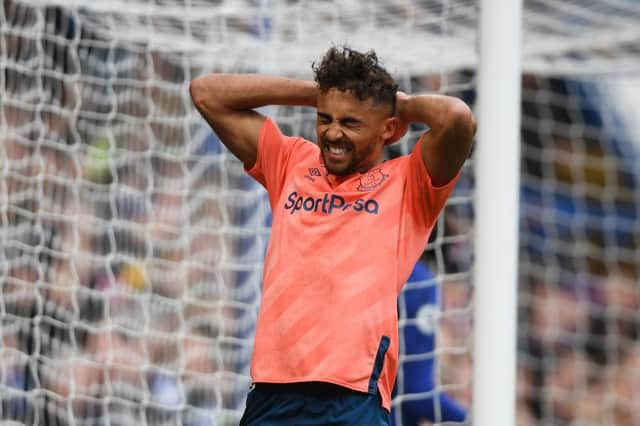 LONDON, ENGLAND - MARCH 08: Dominic Calvert-Lewin of Everton reacts after he misses a chance during the Premier League match between Chelsea FC and Everton FC at Stamford Bridge on March 08, 2020 in London, United Kingdom. (Photo by Mike Hewitt/Getty Images)