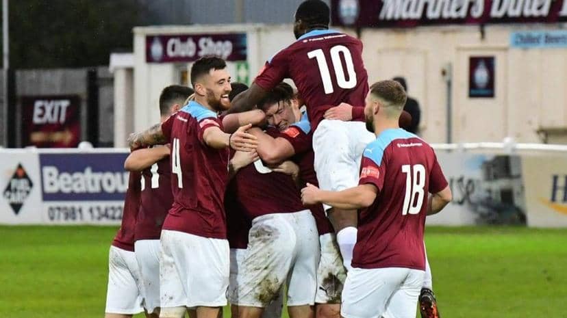 South Shields' players celebrate their historic FA Cup win over Halifax Town (Pic via Kev Wilson)