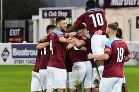 South Shields' players celebrate their historic FA Cup win over Halifax Town (Pic via Kev Wilson)