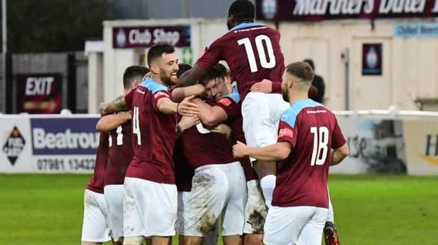 South Shields' players celebrate their historic FA Cup win over Halifax Town (Pic via Kev Wilson)