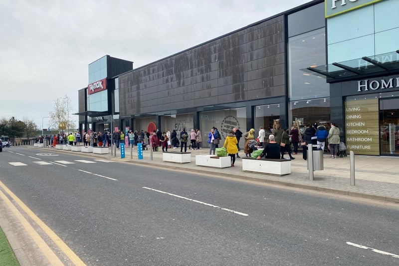 Shoppers pictured queuing outside Edinburgh's Fort Kinnaird shopping centre on Monday, the day all non-essential retail was given the go-ahead to reopen.