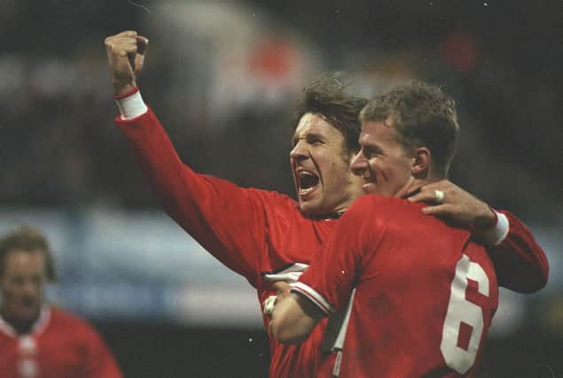 Robbie Mustoe and Paul Merson celebrate a goal during Middlesbrough's FA Cup tie against Queens Park Rangers at Loftus Road in January 1998