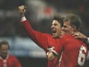 Robbie Mustoe and Paul Merson celebrate a goal during Middlesbrough's FA Cup tie against Queens Park Rangers at Loftus Road in January 1998