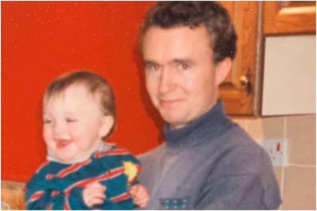 The business was founded in memory of Adam's uncle David James who took his own life.  Adam is pictured as a baby with his uncle David.
