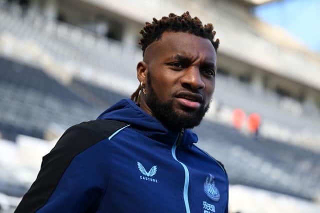 Newcastle United's French midfielder Allan Saint-Maximin comes out onto the pitch before the English Premier League football match between Newcastle United and Manchester United at St James' Park in Newcastle-upon-Tyne, north east England on April 2, 2023. (Photo by Oli SCARFF / AFP)