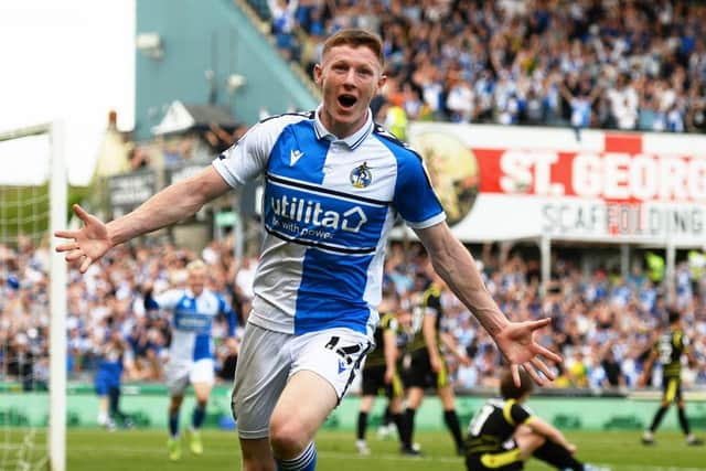 Elliot Anderson celebrates scoring a promotion-winning goal for loan club Bristol Rovers last season.