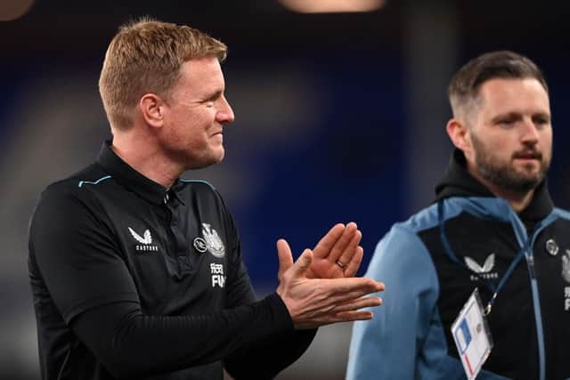 Eddie Howe, Manager of Newcastle United applauds fans prior to the Premier League match between Everton and Newcastle United at Goodison Park on March 17, 2022 in Liverpool, England. (Photo by Stu Forster/Getty Images)