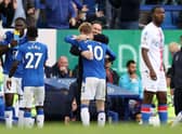 Anthony Gordon of Everton celebrates after scoring their team's second goal with Frank Lampard, Manager of Everton during the Premier League match between Everton FC and Crystal Palace at Goodison Park on October 22, 2022 in Liverpool, England. (Photo by Naomi Baker/Getty Images)