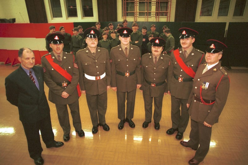 A medal presentation takes place at the hall in March 1999, shortly before its closure and transformation. Pictured, from left, are Sgt Neil Holmes, Sgt Tim Heron, L/Cpl Mark Thorpe, Cpl Ian Tams, Cpl Mick Ackroyd and Col Sgt Dave Bentley with Major Andy Greenside.