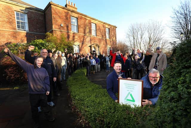 Foreground: Andrew Watts, chief executive of Groundwork South and North Tyneside with Daniel O’Mahoney, Trustee of Groundwork. With them are staff at the charity and the location is Jarrow Hall, one of the many projects Groundwork manages in South Tyneside