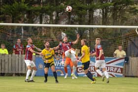 South Shields FC in action as Jon Shaw challenges for the ball. Picture by Craig McNair.