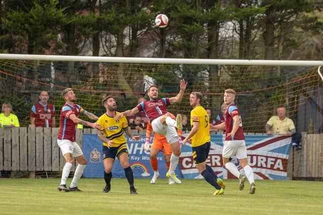South Shields FC in action as Jon Shaw challenges for the ball. Picture by Craig McNair.
