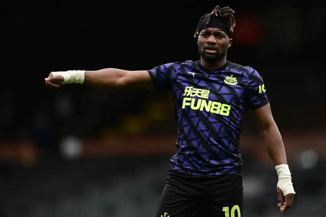 Allan Saint-Maximin of Newcastle United gestures during the Premier League match between Fulham and Newcastle United at Craven Cottage on May 23, 2021 in London, England.
