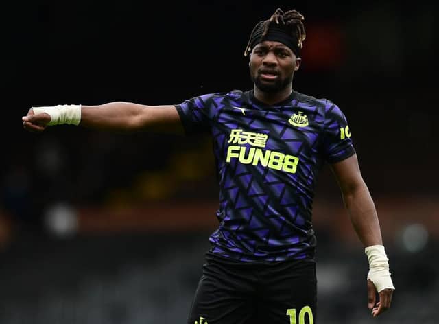 Allan Saint-Maximin of Newcastle United gestures during the Premier League match between Fulham and Newcastle United at Craven Cottage on May 23, 2021 in London, England.