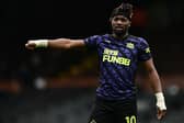 Allan Saint-Maximin of Newcastle United gestures during the Premier League match between Fulham and Newcastle United at Craven Cottage on May 23, 2021 in London, England.