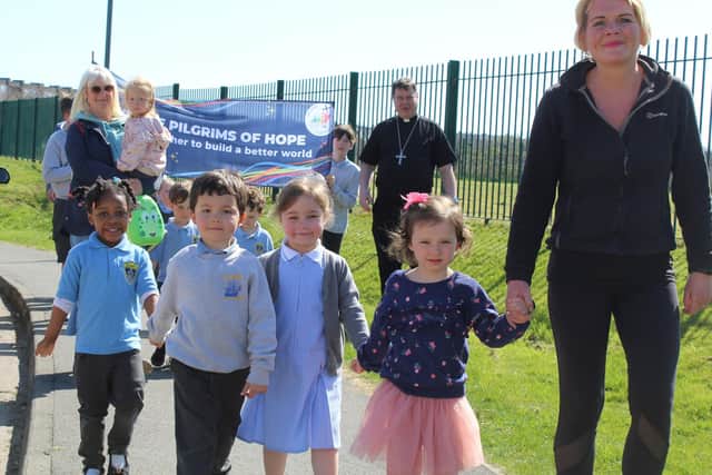 St. Bede’s Catholic Primary School, South Shields pupils pictured on their Lent Walk with Bishop Stephen.