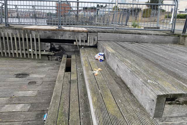 Damage to the wooden jetty after reports of antisocial behaviour at Broad Landing, South Shields, in 2020