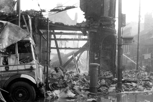 A photo by Amy Flagg showing the damage caused in Market Place and King Street after an air raid on South Shields in the Second World War.