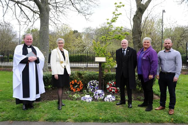 Workers Memorial Day Service attended by the Mayor Cllr Pat Hay, and union representatives Janet Green, Tom Hunter and Martin Smithwhite, with Father Mark Mawhinney, at North Marine Park, South Shieds.