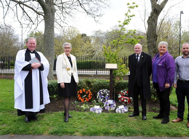 Workers Memorial Day Service attended by the Mayor Cllr Pat Hay, and union representatives Janet Green, Tom Hunter and Martin Smithwhite, with Father Mark Mawhinney, at North Marine Park, South Shieds.