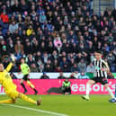 Miguel Almiron of Newcastle United scores the team's second goal past Danny Ward of Leicester City during the Premier League match between Leicester City and Newcastle United at The King Power Stadium on December 26, 2022 in Leicester, England. (Photo by Marc Atkins/Getty Images)