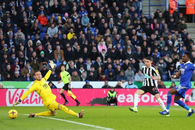 Miguel Almiron of Newcastle United scores the team's second goal past Danny Ward of Leicester City during the Premier League match between Leicester City and Newcastle United at The King Power Stadium on December 26, 2022 in Leicester, England. (Photo by Marc Atkins/Getty Images)